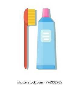 Tube of toothpaste and toothbrush isolated on white background. Flat style vector illustration.