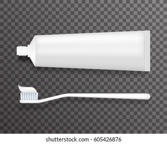 Tube of toothpaste and toothbrush template realistic 3d transparent background vector illustration