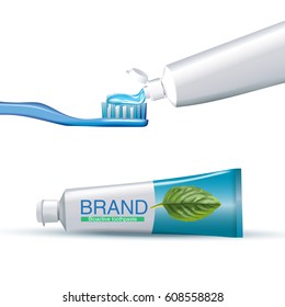 Tube of toothpaste and toothbrush. Vector illustration of realistic white tubes, brush and cream on white background.