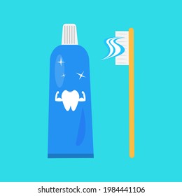 tube of toothpaste which depicts a Clean white tooth with pumped muscles sparkling next to a brush for cleaning objects on a blue background