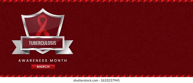 Tuberculosis Awareness Month banner, with Red ribbon, shield and space for text. Design for Banner or Header.