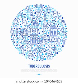 Tuberculosis concept in circle with thin line icons: infection in lungs, x-ray image, dry cough, pain in chest and shoulders, Mantoux test, weight loss. Modern vector illustration for banner, web page