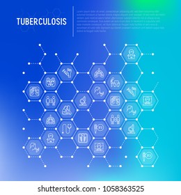 Tuberculosis concept in honeycombs with thin line icons: infection in lungs, x-ray image, dry cough, pain in chest and shoulders, Mantoux test, weight loss. Modern vector illustration.