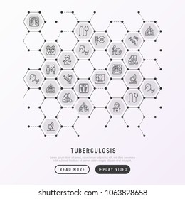Tuberculosis concept in honeycombs with thin line icons: infection in lungs, x-ray image, dry cough, pain in chest and shoulders, Mantoux test, weight loss. Vector illustration for web page template.
