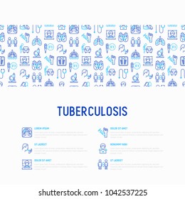 Tuberculosis concept with thin line icons: infection in lungs, x-ray image, dry cough, pain in chest and shoulders, Mantoux test, weight loss. Modern vector illustration for banner, web page template.