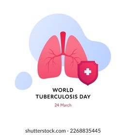 Tuberculosis disease concept. Vector flat healthcare illustration. World day square banner template. Red infected lung with shield on abstract background. Design element for health care, pulmonology
