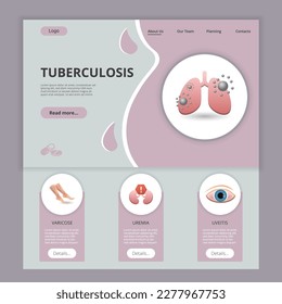 Tuberculosis flat landing page website template. Varicose, uremia, uveitis. Web banner with header, content and footer. Vector illustration.