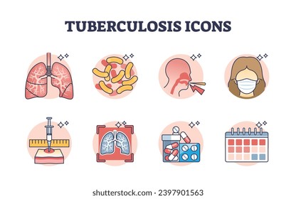 Tuberculosis icons and TB bacterial infection treatment outline concept. Lung illness and pulmonary condition diagnosis, symptoms, research and medical care vector illustration. Respiratory disease.