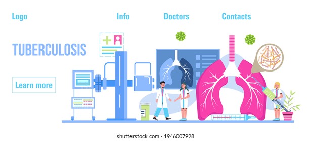 Vector de concepto especializado en tuberculosis. Pleurisy, tuberculosis, neumonía ilustración para sitio web, cabecera, blog. Máquina de rayos X para diagnóstico de pulmón. Los médicos de la tuberculosis tratan, escanean los pulmones. 