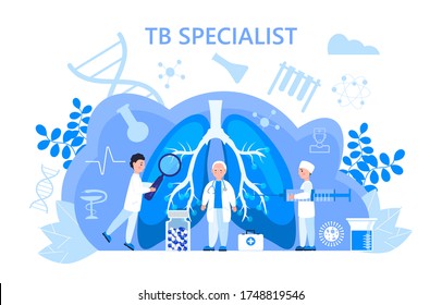 Tuberculosis Specialist Concept Vector. Pulmonary Fibrosis, Tuberculosis, Pneumonia Illustration For Website, App, Banner., Lung Diagnosis X-ray Machine. Tiny Doctors Treat, Scan Lungs. 