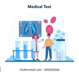 Especialista en tuberculosis. Sistema pulmonar humano. Idea de salud y tratamiento médico. Doctor revisando pulmones humanos. Ilustración vectorial aislada en estilo de dibujos animados