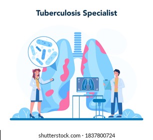 Especialista en tuberculosis. Sistema pulmonar humano. Idea de salud y tratamiento médico. Doctor revisando pulmones humanos. Ilustración vectorial aislada en estilo de dibujos animados