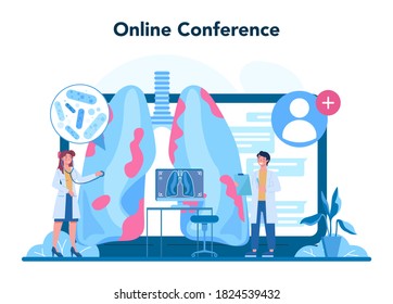Tuberculosis specialist online service or platform. Human pulmonary system. Idea of health and medical treatment. Online conference. Vector illustration