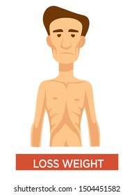 Tuberculosis Symptom, Weight Loss, Sick Man With Anorexia Isolated Male Character Vector. Medicine And Healthcare, Lung Disease, Patient With Thin Figure. Infection And Bad Eating Consequence