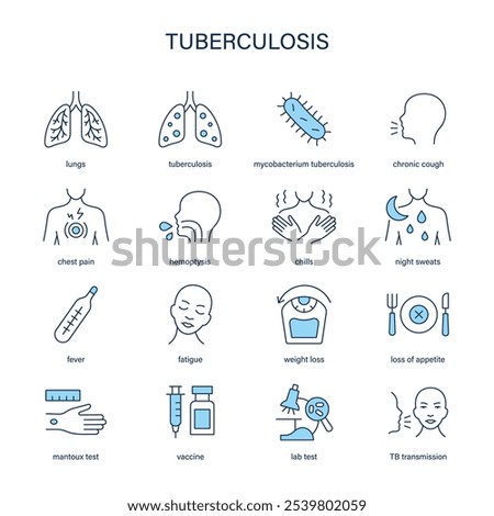 Tuberculosis symptoms, diagnostic and treatment vector icon set. Medical icons.