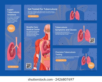 Tuberculosis testing causes and symptoms medical poster banner landing page design template set vector illustration. Human lungs healthcare checkup breath respiratory disease cancer diagnostic