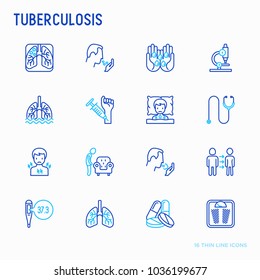Tuberculosis thin line icons set: infection in lungs, x-ray image, dry cough, pain in chest and shoulders, Mantoux test, weight loss. Modern vector illustration.