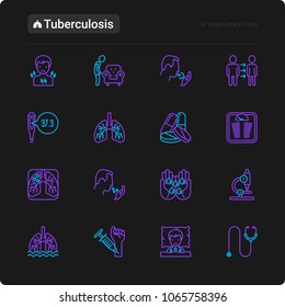 Tuberculosis thin line icons set: infection in lungs, x-ray image, dry cough, pain in chest and shoulders, Mantoux test, weight loss. Vector illustration for black theme.