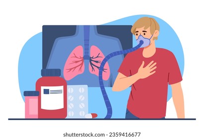 Tuberculosis treatment concept. Man with pills and breathing apparatus on background of Xray. Health care treatment and medicine. Diagnosis and healthcare. Cartoon flat vector illustration