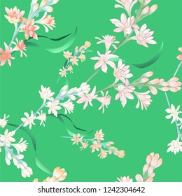 Tuberose - branches. Vector. Seamless pattern. medicinal, perfumery and cosmetic plants. Wallpaper. Use printed materials, signs, posters, postcards, packaging. 