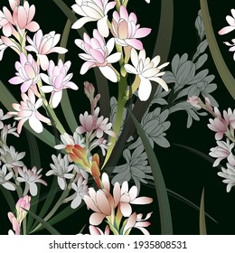 Tuberose - vector image of perfumery and cosmetic plants. Seamless pattern. Use printed materials, fabric prints, posters, postcards, packaging.