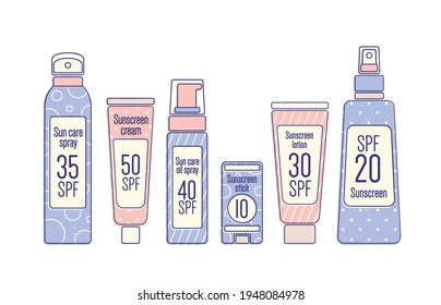 Tubes And Bottles Of Sunscreen Products With Different SPF Levels In Line Art Style. Set Of Anti-UV Cream, Lotion, Spray And Stick. Colored Flat Vector Illustration Isolated On White Background