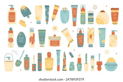 Tubes and bottles of sunscreen products with different SPF levels in hand drawn style. Set of anti-UV cream, lotion, spray and stick. Colored flat vector illustration isolated on white background