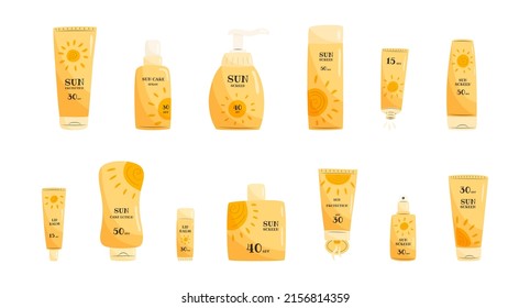 Tubos y botellas de productos de protección solar con SPF: loción, lápiz labial, spray. cosmética de verano dibujada a mano. Productos para el cuidado de la piel. Ilustración vectorial plana aislada en fondo blanco.