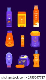 Tubes and Bottles of Sunscreen Products Sunblocks with different SPF levels Protection.Set of anti-UV Cream,Lotion, Fluide,Spray and Stick. Colored flat vector illustration isolated on Dark background