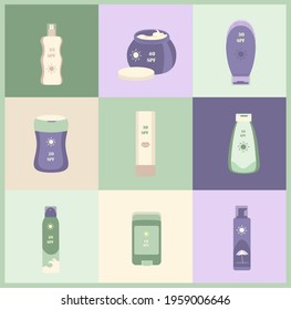 Tubes and Bottles of Sunscreen Products Sunblocks with different SPF level Protection.Set of anti-UV Cream,Lotion,Fluide,Spray and Stick for Healthy Sunbathing and Tan.Colored flat vector illustration