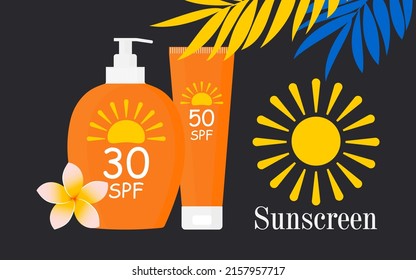 Tubes and bottles of sunscreens with different SPF on a black background with tropical leaves. Cosmetics with UV protection for holidays and travel in the hot season. Vector.