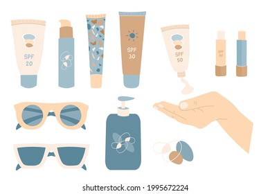 Sonnenschutzsammlung. Tuben und Flaschen mit Sonnenschutzmitteln. Hand mit SPF-Creme. Sommerkosmetik und Sonnenbrille. Hautschutz. 