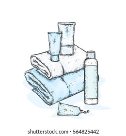 Tubes and caring means a bottle. Cream, scrub, lotion and shower gel. Vector illustration.