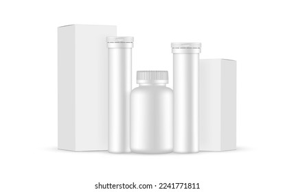 Tubes for Effervescent Tablets, Pills Jar, Packaging Boxes, Isolated on White Background. Vector Illustration