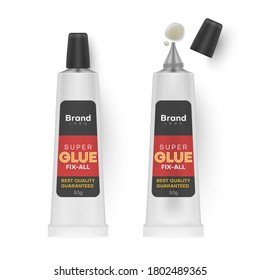Tubes of glue with open and closed lids realistic mockups ready for your brand design. Packaging with tip applicator for adhesive templates. Vector glue illustration isolated on white.