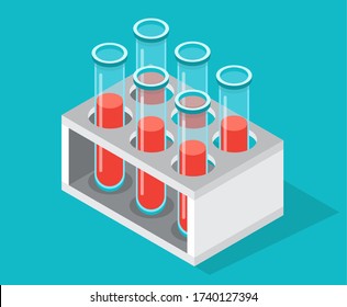 Tubes Icon On A Special Stand. Blood Test Tube In Laboratory Analysis Of The Test Material. Test-tube Flasks With Substances For Researchers. Chemical Lab Science, Medical Research Laboratory