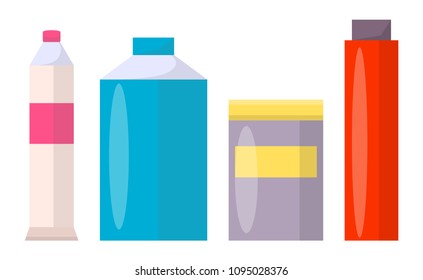 Tubes and jars of all shapes with colorful paints. Liquids to create pictures in capacious and thin containers isolated cartoon vector illustrations.