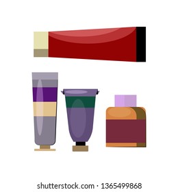 Tubes and jars with oil paints flat icon. Oil painting, art studio, artists equipment. Painting concept. Vector illustration can be used for topics like art, education, hobby