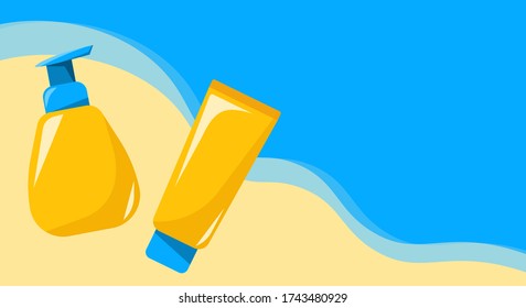 Tubes of lotion and cream lying on the beach. Sunblock protection. Cosmetics product for summer