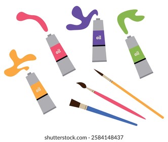 Tubes of oil paint and brushes. Open tubes of paint. Items for drawing. Vector illustration in flat style.