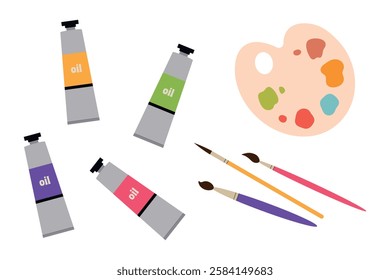 Tubes of oil paint, brushes and palette. Closed tubes of paint. Items for drawing. Vector illustration in flat style.