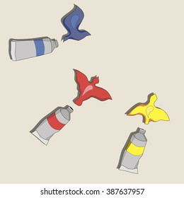 tubes of  paint with birds