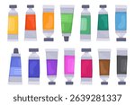 Tubes of paint of different colors, oil, acrylic or watercolor paints. Art supplies. Collection of vector illustrations.