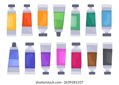 Tubes of paint of different colors, oil, acrylic or watercolor paints. Art supplies. Collection of vector illustrations.