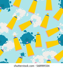 Tubes of paint. Seamless pattern. The colors blue, white, yellow. Paint spots. Art background. Vector illustration.