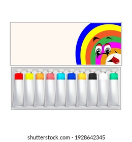 Tubes Of Paints In A Box. Realistic 3D Vector. Mockup For Design.