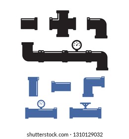 Tubes and pipeline details with cranes. Pipe fittings vector icons set
