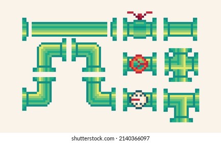 Tubes and pipes plumbing pixel art set. Gas or water pipelines steam pressure counters faucets switches collection. 8-bit sprite. Game development, mobile app.  Isolated vector illustration.