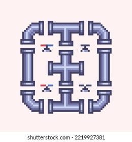 Tubes and pipes plumbing pixel art set. Gas or water pipelines steam pressure counters faucets switches collection. 8-bit sprite. Game development, mobile app. Isolated vector illustration.