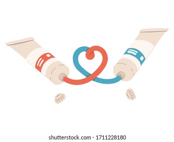 Tubes of red and blue paint draw a heart. Two tubes of toothpaste